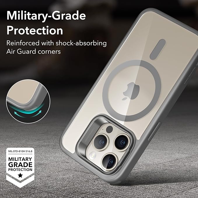 ESR for iPhone 15 Pro Case, Compatible with MagSafe, Military-Grade Protective Case, Built-in Stash Stand Phone Case, Scratch-Resistant Back Cover, Classic Series, Clear Grey