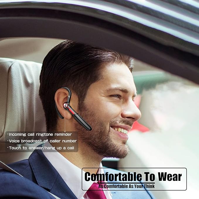 Single-Ear Bluetooth Earpiece with Noise Cancelling – Wireless Hands-Free Headset for iPhone & Cell Phones, Built-in Mic, 10Hrs Battery Life