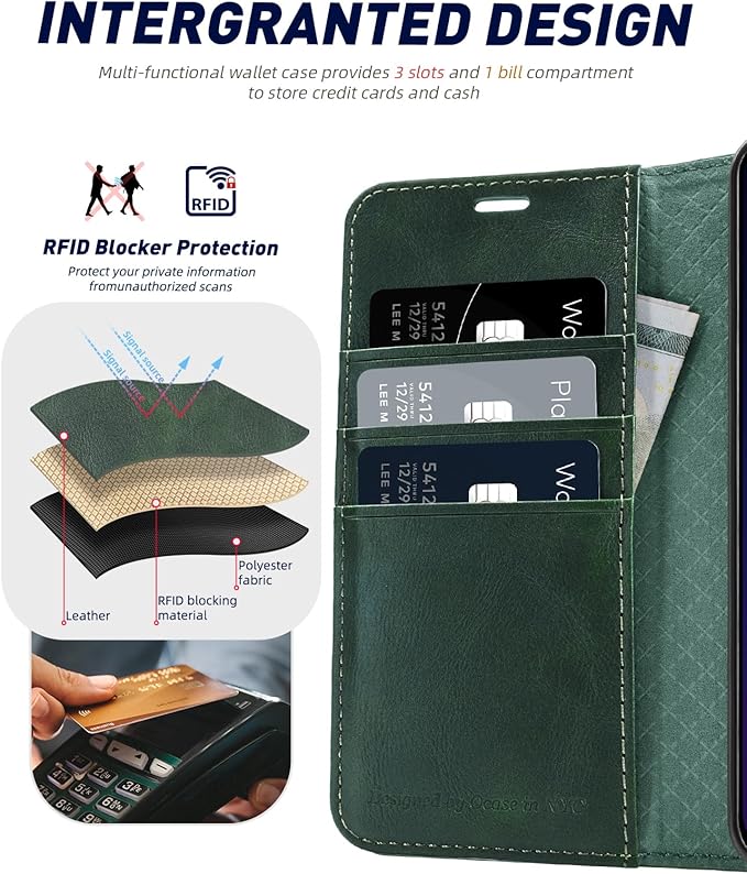 OCASE Compatible with Galaxy S24 5G Wallet Case, PU Leather Flip Folio Case with Card Holders RFID Blocking Kickstand [Shockproof TPU Inner Shell] Phone Cover (2024), Blackish Green