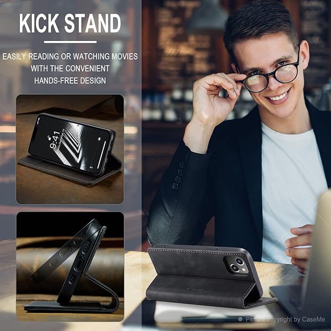 for iPhone 14 Case, Flip Wallet Leather Case with Card Holder Magnetic Closure Shockproof Kickstand Protective Phone Cases Cover for iPhone 14, Black