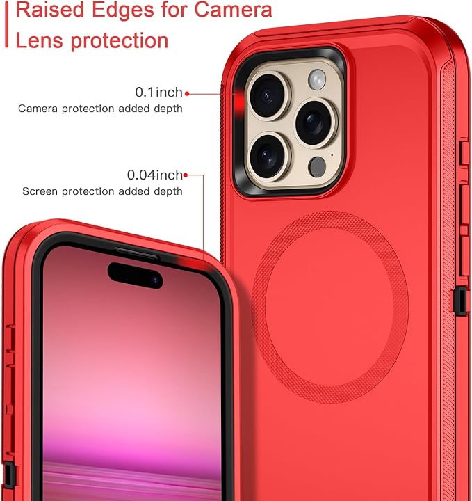 for iPhone 16 Pro Max Case [Compatible with MagSafe] Shockproof 3-Layer Full Body Protection [Without Screen Protector] Rugged Heavy Duty Cover Case for Apple iPhone 16 Pro Max 6.9",Red/Black