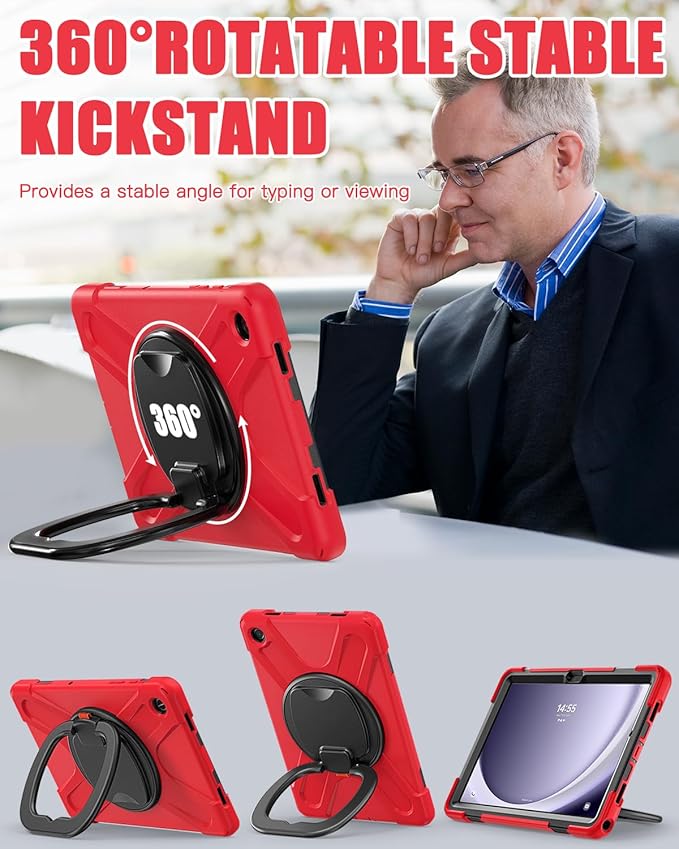 BRAECN Case for Samsung Galaxy Tab A9+/ A9 Plus 11" 2023 for Kids w/Screen Protector, Rotating Handle Grip, Shoulder Strap, Silicone Heavy Duty Case for Galaxy A9 Plus Tablet SM-X210/X216/X218, Red