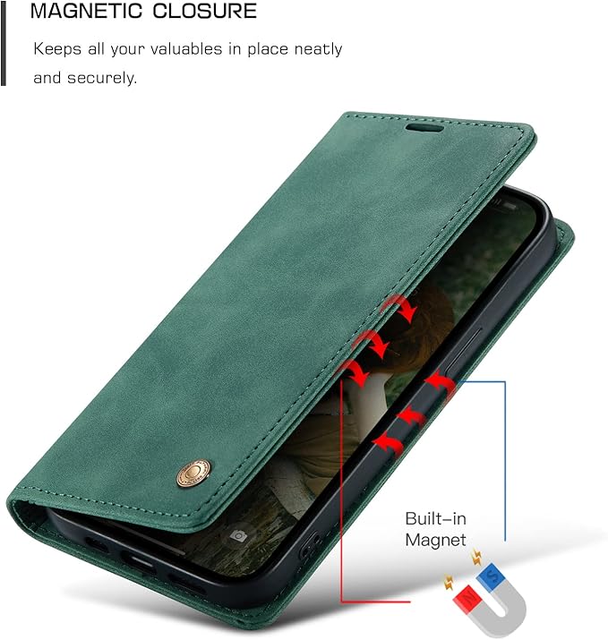 QLTYPRI Case for iPhone 14, Vintage PU Leather Wallet Case Card Slot Kickstand Magnetic Closure Shockproof Flip Folio Book Case Cover for iPhone 14(6.1 inch) - Dark Green