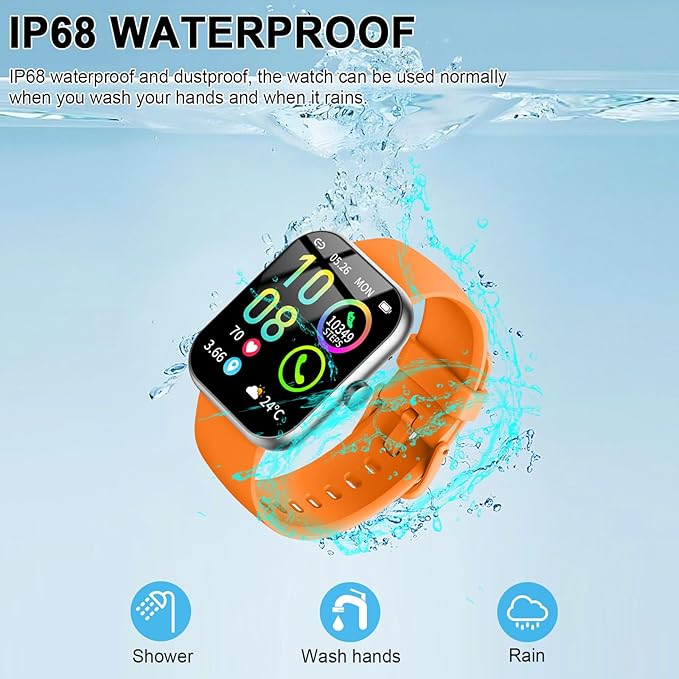 Smart Watch (Answer/Make Calls), 1.96"HD Smartwatch for Men Women 113+ Sport, 2025 Fitness Activity Tracker with Heart Rate Monitor, Sleep Trackers, Pedometer, IP68 Waterproof for Android iOS Orange