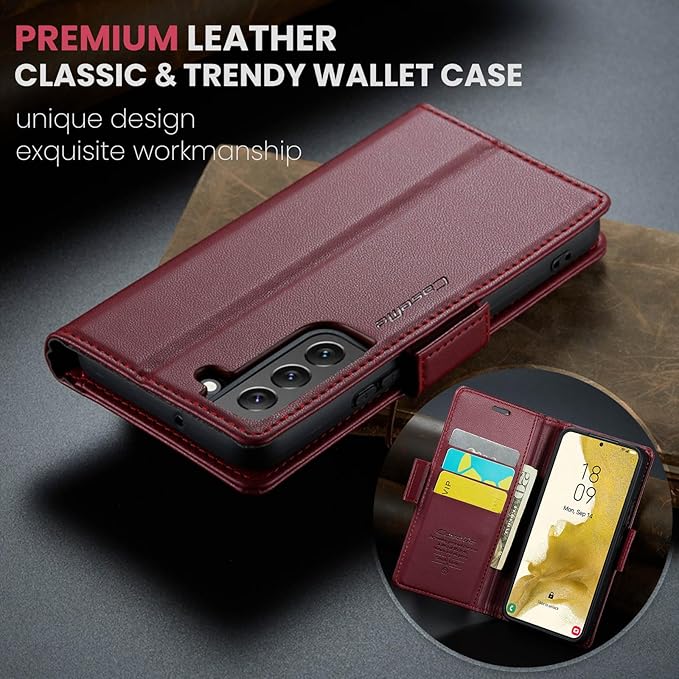 Case for Samsung Galaxy S22 Wallet Case, RFID Blocking PU Leather Flip Folio Cover Card Holder Kickstand Shockproof Phone Case Compatible with Samsung Galaxy S22, Red