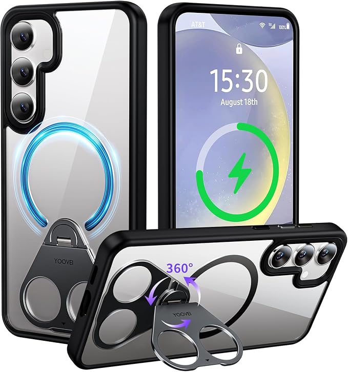 for Samsung Galaxy S24+ (Plus) Case Clear with Ring Holder,Kickstand 360°Rotatable Invisible Magnetic Built-in Stand [Compatible with MagSafe] [Drop Protection] Slim Soft Edge Cover,Black