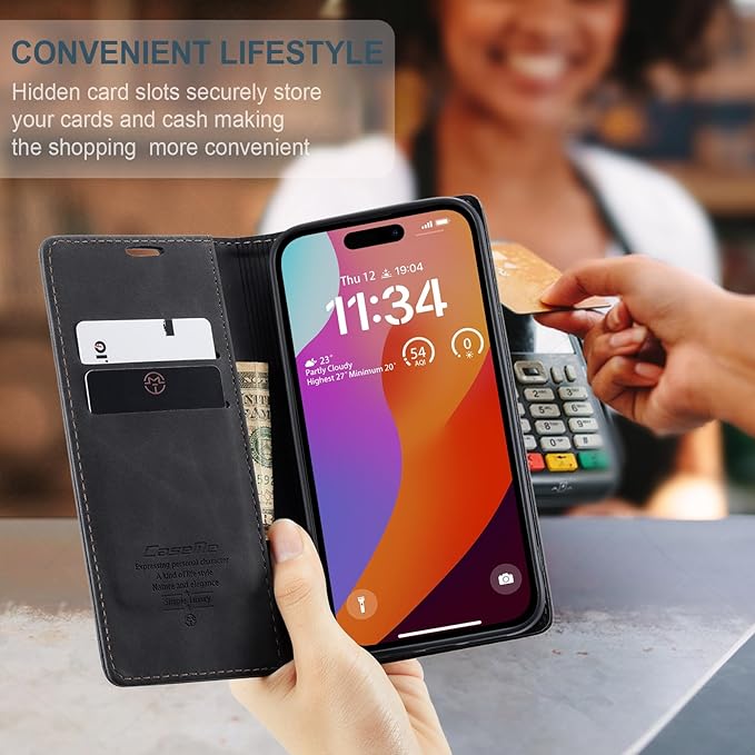 for iPhone 15 Pro Case, Flip Wallet Leather Case with Card Holder Magnetic Closure Shockproof Kickstand Protective Phone Cases Cover for iPhone 15 Pro, Black