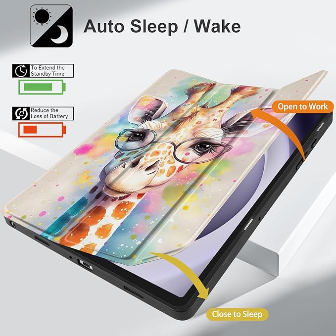 MEEgoodo Case for Samsung Galaxy Tab A9 Plus 11 inch Cover 2024 2023 with S Pen Holder, A9+ Smart Tablet Cases with Leather Trifold Stand+Soft TPU Back Shell+Smart Auto Wake/Sleep, Giraffe