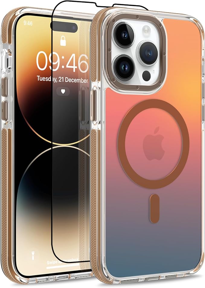 MOWIME Magnetic Case for iPhone 14 Pro Max [Compatible with Magsafe] [Cute Fashion Fluorescent Design] [1 Screen Protector] Slim Translucent Matte Case for iPhone 14 Pro Max 6.7" 2022, Desert