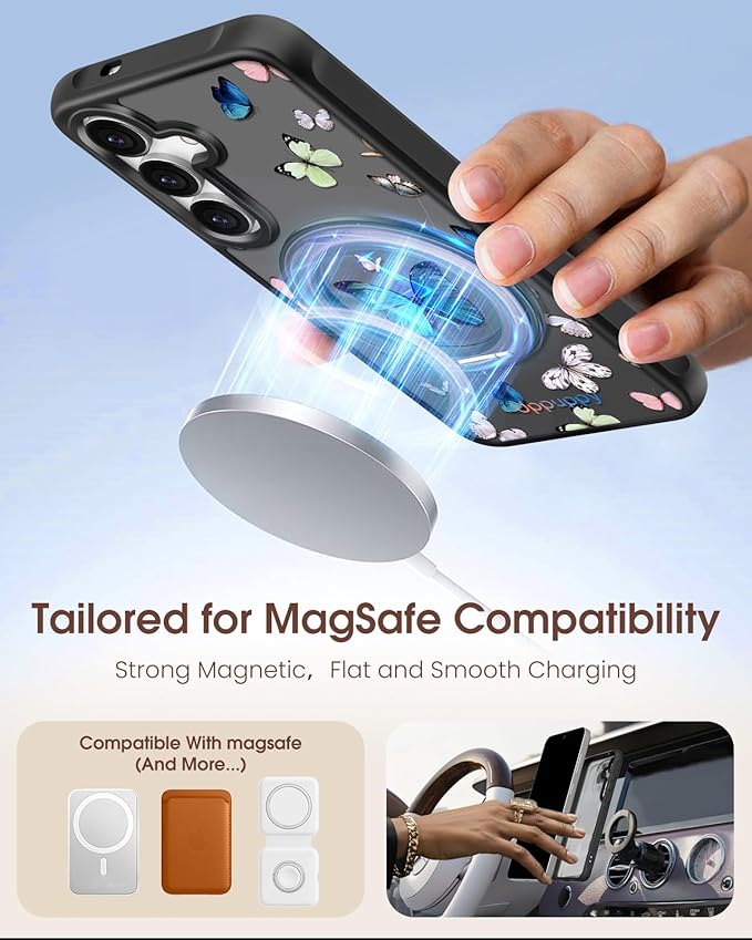 for Samsung Galaxy S25 Case with 360° Rotatable Magnetic Ring - Compatible with MagSafe, Semi-Transparent Anti-Fingerprint Soft-Touch Material Shockproof, Cute Butterfly Design for Women Girl