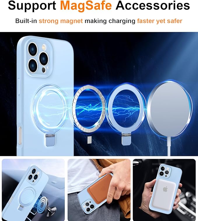 ZHK Liquid Silicone Designed for iPhone 16 pro max Case with Magnet Stand, [Precise Camera Lens Protection][Mil-Grade Drop Shockproof][Soft Anti-Scratch Microfiber Lining] Slim Fit Cover,Baby Blue