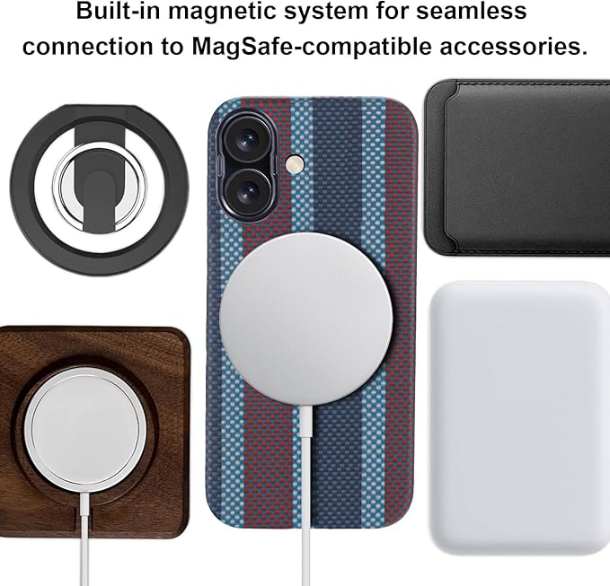 Aramid Fiber for iPhone 16 Case,Compatible with Magnet,Slim & Light Case for iPhone 16, Case-Less Touch Feeling, Red-Blue Stripes