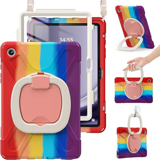 BRAECN Case for Samsung Galaxy Tab A9+ Plus 11” 2023 SM-X210/X216/X218-Heavy Duty Rugged Silicone Cover with Screen Protector, 360 Degree Rotating Stand, Stable Kickstand, Shoulder Strap, Colorful Red