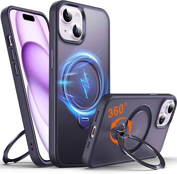 360° O-Ring MagStander for iPhone 15 Case with Magnetic Kickstand Ring Holder [Compatible with MagSafe][360°Rotate Stand Ring][Military Shockproof] Magnet iPhone 15 Phone Cover Matte Purple