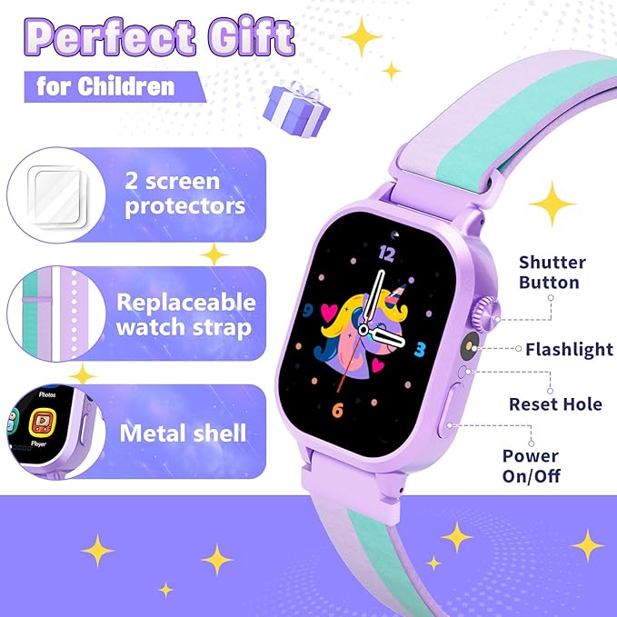 Vakzovy Kids Waterproof Smart Watch Girls Gift Age 3-12 with 39 Game HD Touch Screen Video Camera Music Player Pedometer Alarm Clock Birthday Gift for 6 7 8 9 Year Olds Purple