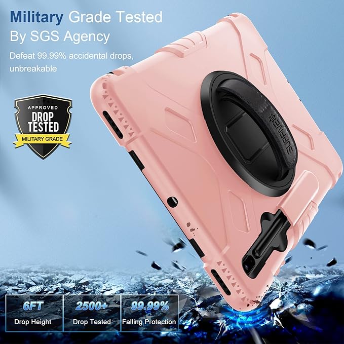 SUPFIVES Case for Samsung Galaxy Tab S7 FE 12.4 Inch 2021 : [Upgraded Military Grade] Full-Body Rugged Protective Soft Silicone Cover - Kick Stand- Handle/Shoulder Strap- S Pen Holder- Pink