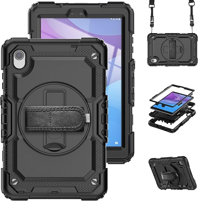 for Lenovo Tab M8 3rd 2022 / M8 (HD/FHD/Smart) 8.0'' (TB-8506FS /8506F TB-8505F / 8505X / 8505FS TB-8705F / 8705N) Case, with Screen Protector, Hand Strap, Shoulder Strap, Rotating Stand Black