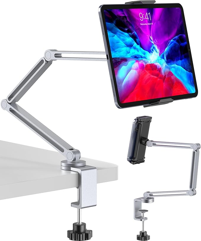 Tablet Arm Mount with Super Grip, Adjustable Foldable Holder & Heavy Duty Aluminum 360° Rotating Clamp for iPad, Phone, Monitor, Kindle - Universal for Desk, Bed, Kitchen - Silver