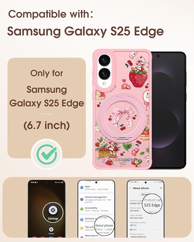 for Samsung Galaxy S25 Edge Case with 360° Rotatable Magnetic Ring - Compatible with MagSafe, Semi-Transparent Soft-Touch Material Shockproof, Cute Pink Strawberry Design for Women Girl