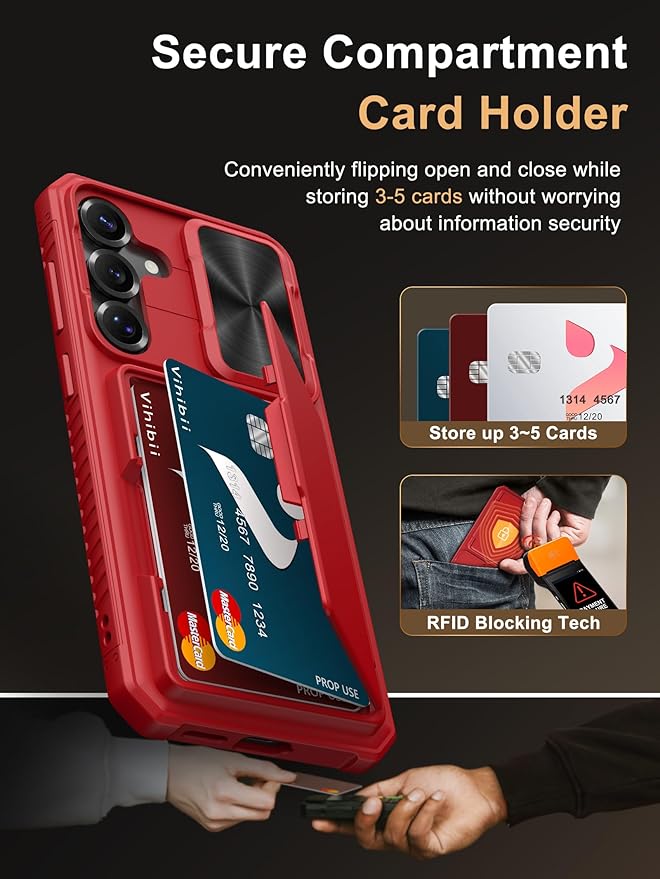 Vihibii for Samsung Galaxy S25+ Plus Wallet Case with Card Holder (4 Cards), [RFID Blocking] & Slide Camera Cover & Raised Edges Protect Screen, Shockproof Case for Galaxy S25+ Plus 6.7" 2025, Red