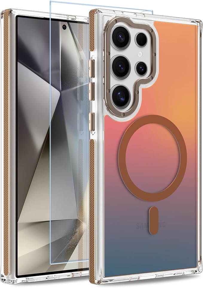 MOWIME Magnetic Case for Samsung Galaxy S24 Ultra [Compatible with Magsafe] [Cute Fashion Fluorescent Design] [1 Screen Protector] Slim Translucent Matte Case for Galaxy S24 Ultra 6.8", Desert