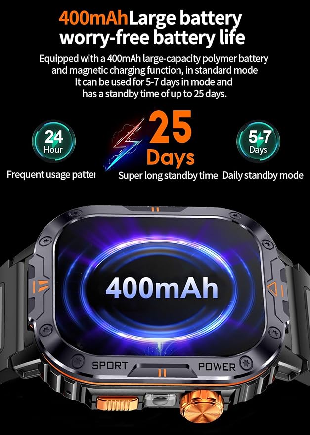 Military Smart Watch for Men (Music Storage), 2.01" Smart Watch for Android and iOS, Fitness Tracker with Flashlight/Connectable TWS Earphones/Health Monitoring/100+ Sports Modes (Orange)