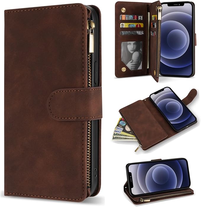 ZZXX iPhone 12 Pro Wallet Case with Card Slot, Premium Soft PU Leather Zipper Folio with Wrist Strap Kickstand Protective for iPhone 12 (Coffee 6.1 inch)