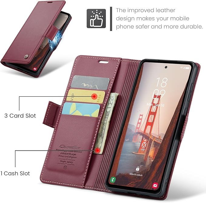 AUPAI for Samsung Galaxy S23 FE Wallet Case with Credit Card Holder, PU Leather RFID Blocking Folio Flip Kickstand Magnetic Clasp Protective Phone Cover for Women Men Wine Red