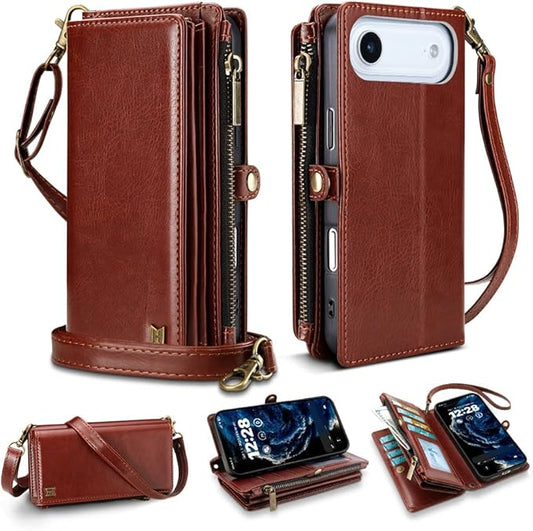 for iPhone Air Wallet Phone Case with 8 Card Holder,RFID Blocking | PU Leather | Kickstand | Flip | Wrist Strap&Shoulder Strap | Shockproof | Zipper Wallet | Women Men | 6.5" | Brown