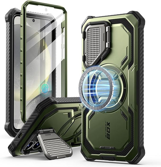 i-Blason for Samsung Galaxy S25 Plus Case with Camera Cover Stand [MagSafe Compatible] [Built-in Screen Protector] Full-Body Military-Grade Protection Rugged Magnetic Phone Case for S25 Plus, Green