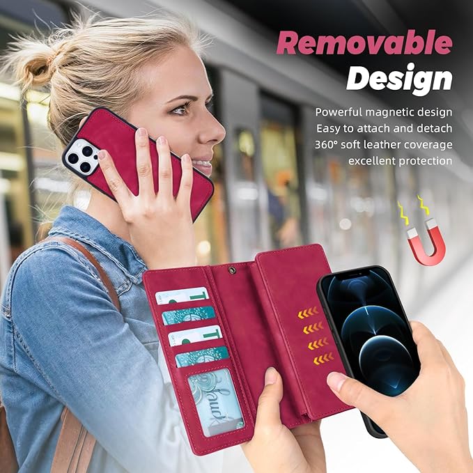 TwoHead for iPhone 12 Pro Max Wallet Case with Card Holder,Detachable Magnetic 12 Pro Max Phone Case, PU Leather Shockproof Protective Cover Wallet for Women/Men,6.7IN,Wine Red