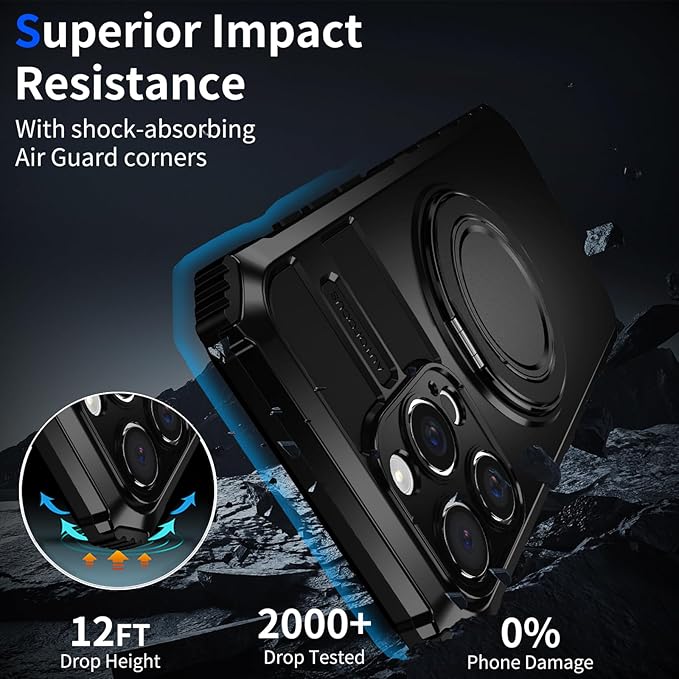 for iPhone 16 Pro Case Magnetic Compatible with Wireless Charging,16 Pro Phone Case with 2 Screen Protector,Built-in Kickstand Ring Military Grade Drop Shockproof Heavy Duty Protection Black
