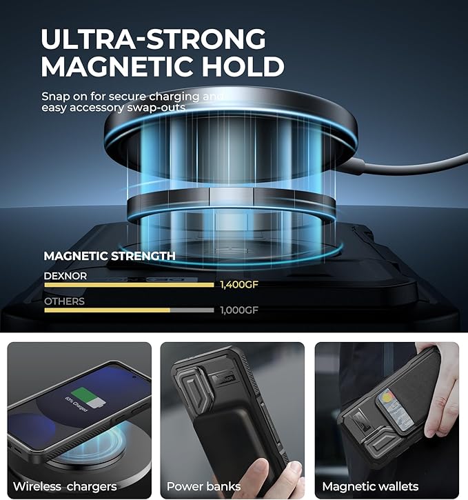 Dexnor for Samsung Galaxy S24 FE Case with Camera Cover & Adjustable Kickstand & Built-in Screen Protector, Magnetic Rugged Shockproof Bumper Cases Heavy-Duty Magnetic Protective Cover,Black