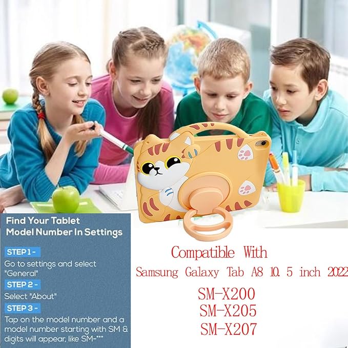 3D Cute Vivid Cat Case for Samsung Galaxy Tab A8 10.5 inch 2022 SM-X200/X205/X207,Kawaii Cartoon Character Pretty Cat Soft Silicone Rotating Stand Case with Lanyard for Kids Teens Girls Women