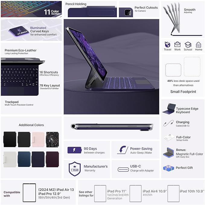 typecase Keyboard Case for iPad Air 13(M3 2025 / M2 2024) and iPad Pro 12.9 (6th, 5th, 4th, 3rd Gen),Magic Keyboard for iPad Pro 12.9,Multi-Touch Trackpad, 11 Colors Backlight,Midnight Amethyst