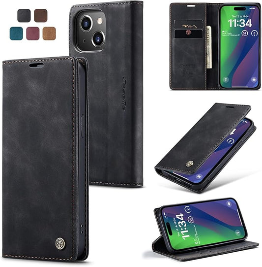 for iPhone 15 Case, Flip Wallet Leather Case with Card Holder Magnetic Closure Shockproof Kickstand Protective Phone Cases Cover for iPhone 15, Black