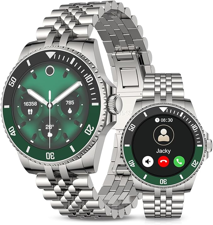 AI Smart Watch for Men Women -1.19" Luxury Smartwatch with Bluetooth Call, 24/7 Heart Rate, 100+ Exercise Modes, Fitness Sleep Monitor for iPhone Android, 2025, Silver Green