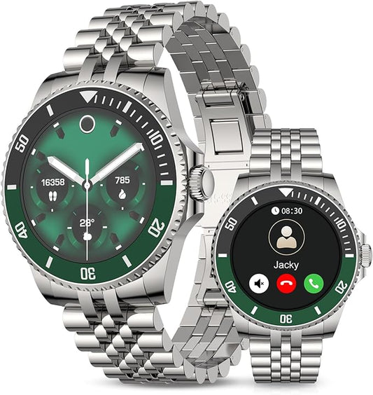 AI Smart Watch for Men Women -1.19" Luxury Smartwatch with Bluetooth Call, 24/7 Heart Rate, 100+ Exercise Modes, Fitness Sleep Monitor for iPhone Android, 2025, Silver Green