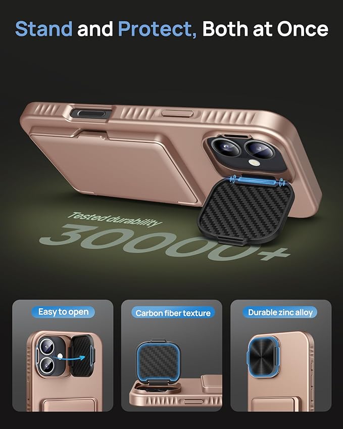 for iPhone 16 Plus Case with Card Holder & Camera Lens Cover & Stand, Military Grade Drop Protection Shockproof Rugged Kickstand Wallet Protective Phone Case for iPhone 16 Plus 2024, Rose Gold