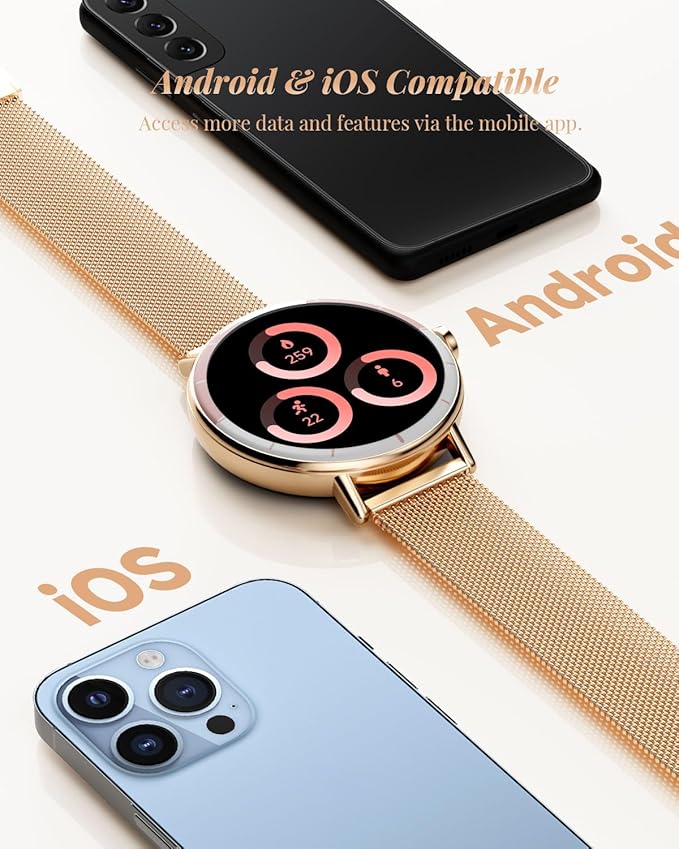 Smart Watch for Women with Two Bands, Fitness Tracker Watch, Heart Rate Monitor, Step Counter, Android & iOS Phones Compatible, Answer/Make Calls, HD Touchscreen, IP68 Waterproof, Rose Gold