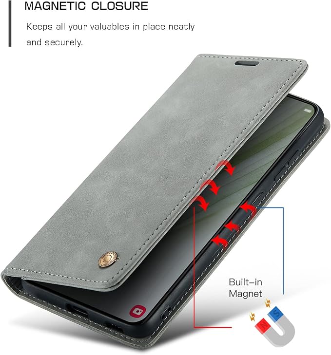 QLTYPRI Case for Samsung Galaxy S24, Vintage PU Leather Wallet Case Card Slot Kickstand Magnetic Closure Shockproof Flip Folio Case Cover for Samsung Galaxy S24 - Grey