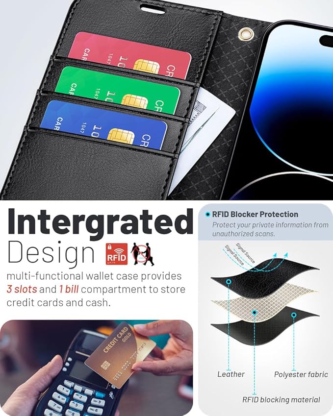 OCASE Compatible with iPhone 15 Wallet Case, PU Leather Flip Folio Case with Card Holders RFID Blocking Kickstand [Shockproof TPU Inner Shell] Phone Cover 6.1 Inch 2023, Black