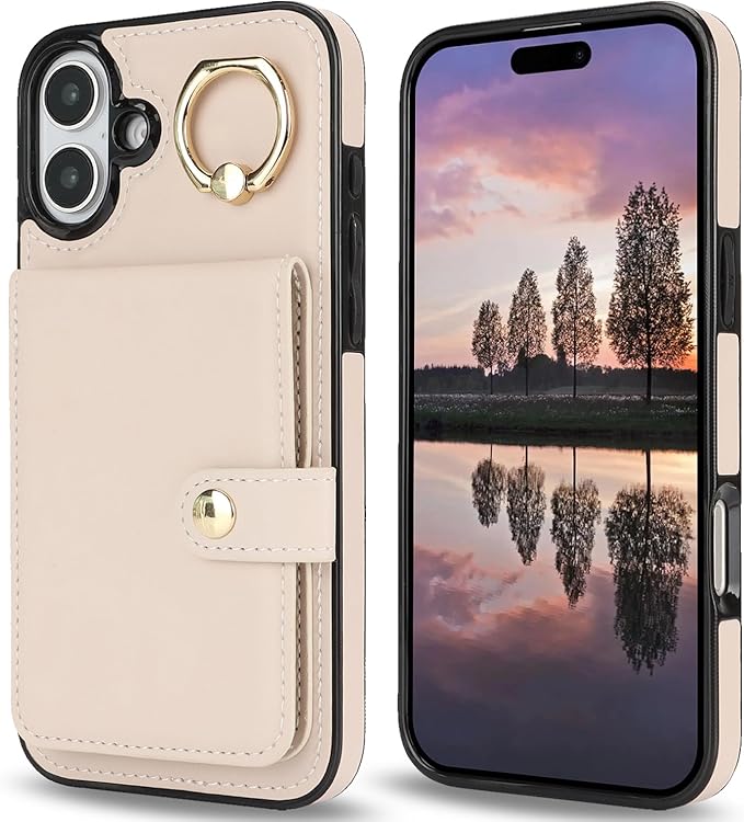 Compatible iPhone 16 Plus Wallet Case with Card Holder RFID Blocking PU Leather Doubles as a Wallet Unisex Flip Shockproof Protection with Card Slots Ring Wrist Kickstand Function,White