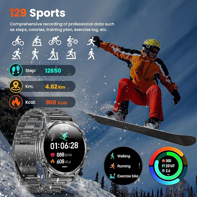 Indestructible Military Smart Watches for Men (Answer/Make Call) 1.85 Amoled IP67 Waterproof Smartwatch with Flashlight 129 Sports Mode Fitness Tracker 100 Days Battery for Android iPhone Black