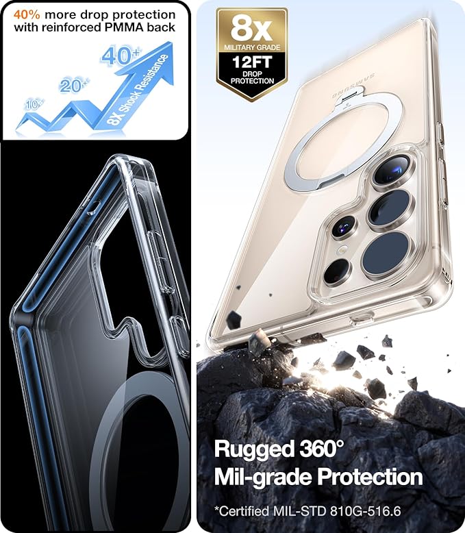 TORRAS 360° Spin Magnetic Stand for Samsung Galaxy S25 Ultra Case, Fit for Magsafe, Military Grade Slim Hard PC Protective S25 Ultra Clear Case with Kickstand & Ring Holder, Ostand Spin, Clear