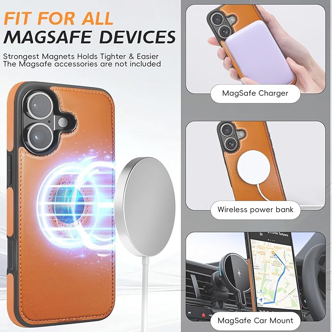 for iPhone 16 Leather Wallet Case, Compatible with Magsafe, 2 in 1 Detachable Magnetic Card Holder, RFID Blocking Kickstand Credit Slots Flip Case for Men Women, Brown