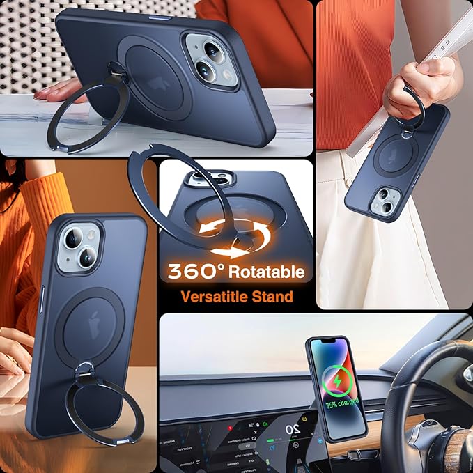 360° O-Ring MagStander for iPhone 13 Case, iPhone 14 Case with Magnetic Stand Ring Holder [Compatible with MagSafe][15FT Military Shockproof] Kickstand iPhone 13/14 Phone Cover Matte Blue