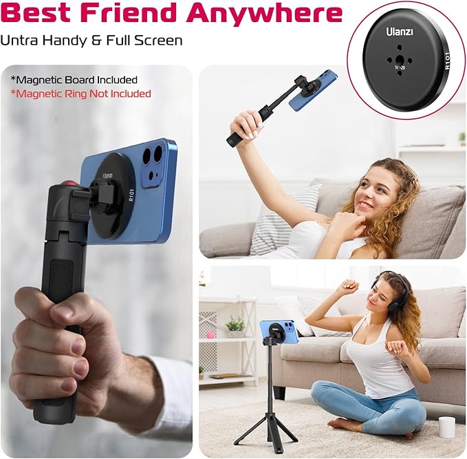 ULANZI Magnetic Cell Phone Tripod Compatible with MagSafe, 17.3" Extendable Mini Tabletop Tripod Selfie Stick with Cold Shoe, 360° Ball Head Tripod Stand Handle Grip for iPhone 17 16 15 14 13 12