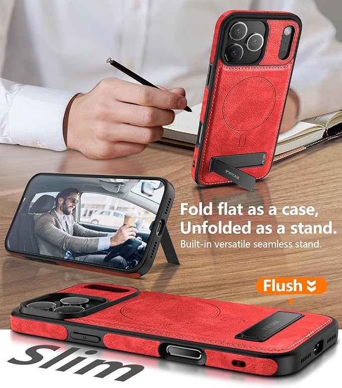 Magnetic for iPhone 17 Pro Leather Case,Built-in Invisible Stand [Compatible with Magsafe] Protective Slim Kickstand Phone Cover for iPhone 17 Pro Case, Red