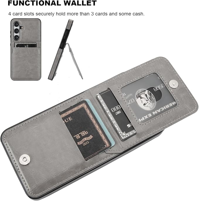 KIHUWEY for Samsung Galaxy S24 Case Wallet with Credit Card Holder, Flip Premium Leather Magnetic Clasp Kickstand Heavy Duty Protective Cover for Samsung Galaxy S24 6.2" (Gray)